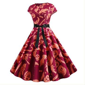 Halloween Disfraz Vestido de Manga Corta Estampada de Calabaza y Calavera Murciélago Fantasma Vestido con Cinturón para Adultos Femenino